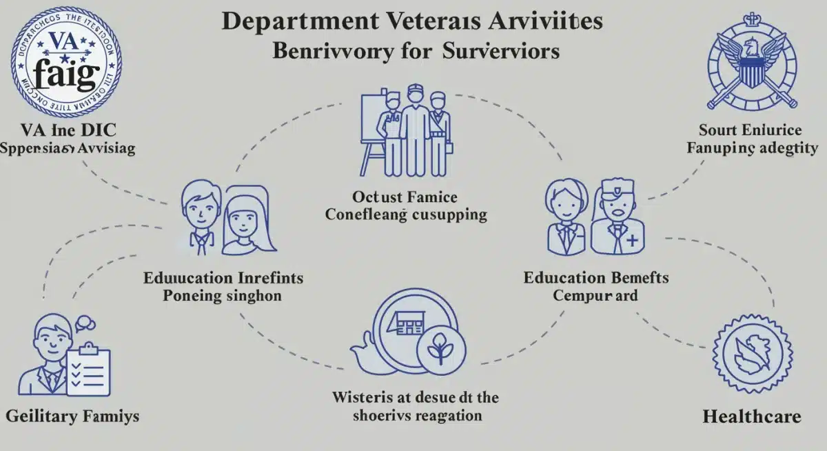 VA survivor benefits graphic, showing DIC, education, and healthcare support.