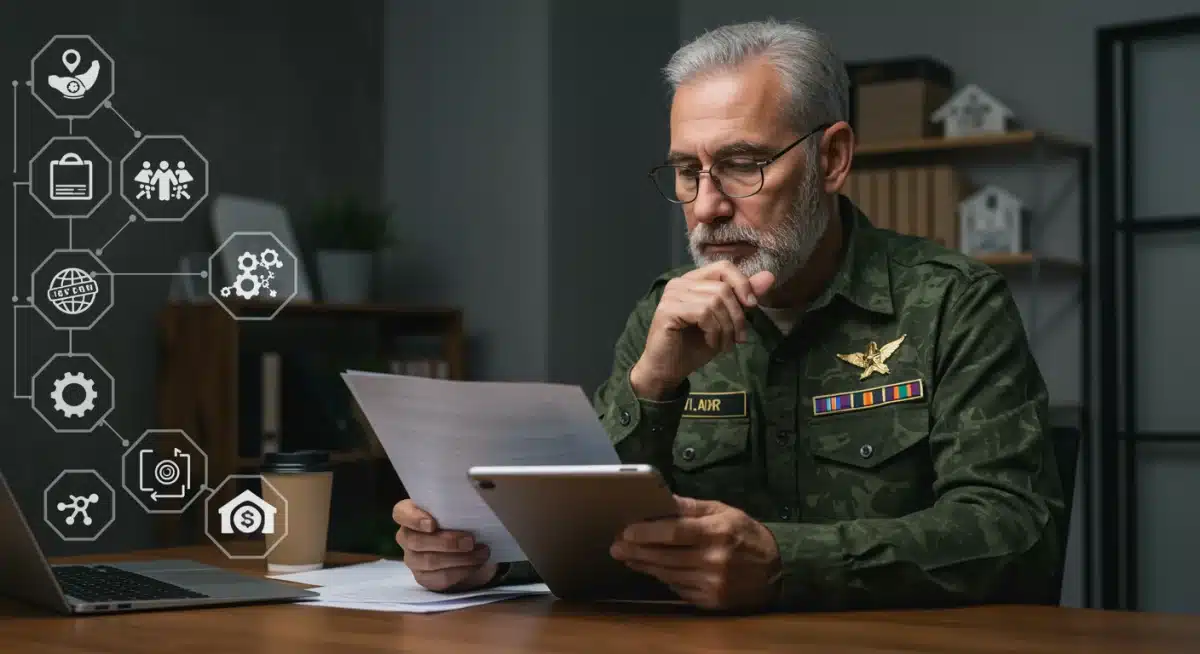 Veteran reviewing digital documents, symbolizing access to practical solutions for benefits.