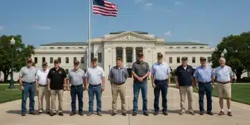 Veterans gathered outside a government building, representing updated benefits and legislative changes in 2025.